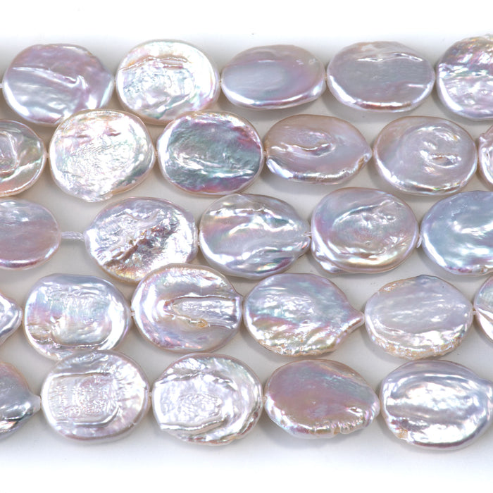 Freshwater Pearl 13-14x15-18mm White Flat Oval Beads - 15-16 Inch