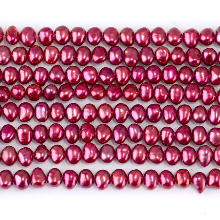 Freshwater Pearl 5-6mm Pink/Red Irregular Flat Oval Beads - 15-16 Inch