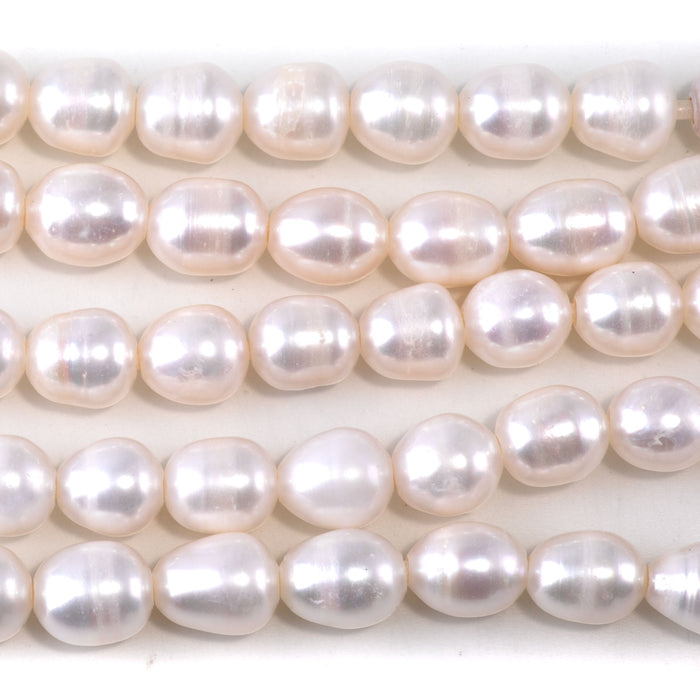 Freshwater Pearl 10mm White Rice Beads with 2mm Large Hole - 8 Inch