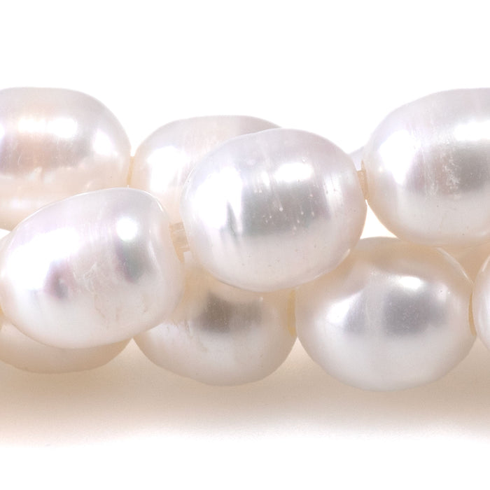 Freshwater Pearl 10mm White Rice Beads with 2mm Large Hole - 8 Inch