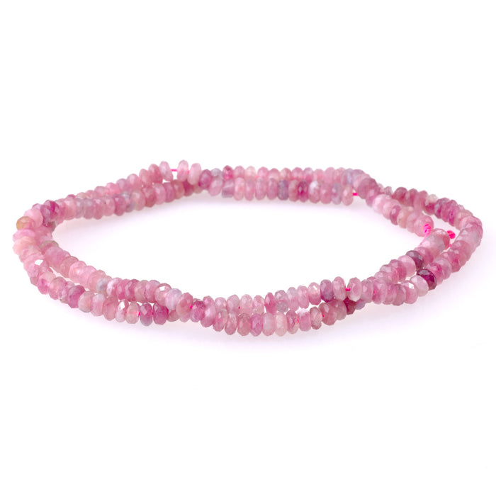 This is a Dakota Stones 2x4mm Pink Tourmaline Thin Gemstone strand with A grade faceted rondelle beads in 15-16 inch strand.
