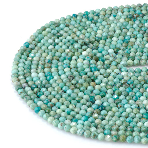 This is a Dakota Stones 4mm Peruvian Turquoise Gemstone strand with A grade faceted round beads in 15-16 inch strand.