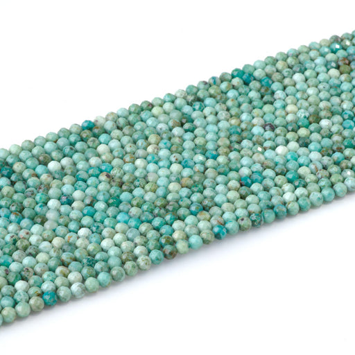 This is a Dakota Stones 4mm Peruvian Turquoise Gemstone strand with A grade faceted round beads in 15-16 inch strand.