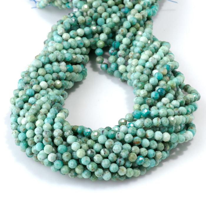 This is a Dakota Stones 4mm Peruvian Turquoise Gemstone strand with A grade faceted round beads in 15-16 inch strand.