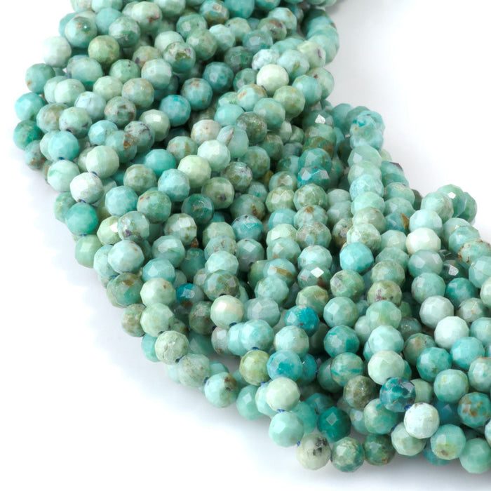 This is a Dakota Stones 4mm Peruvian Turquoise Gemstone strand with A grade faceted round beads in 15-16 inch strand.