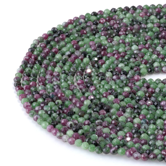 This is a Dakota Stones 4mm Ruby Zoisite Gemstone strand with faceted round beads in 15-16 inch strand.