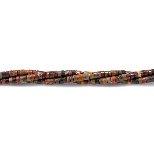 This is a Dakota Stones 2x4mm Red Creek Jasper Gemstone strand with heishi beads in 15-16 inch strand.