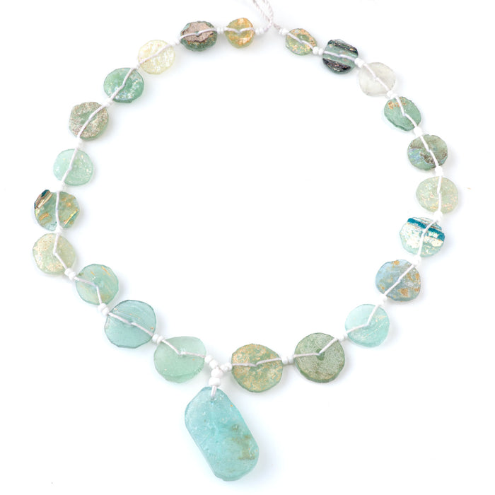Roman Glass 10-20mm Graduated Center Drilled Coin with Pendant - 15-16 Inch
