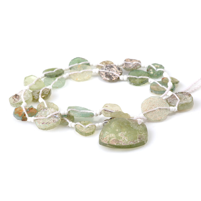 Roman Glass 10-20mm Light Green Graduated Center Drilled Coin with Pendant - 15-16 Inch