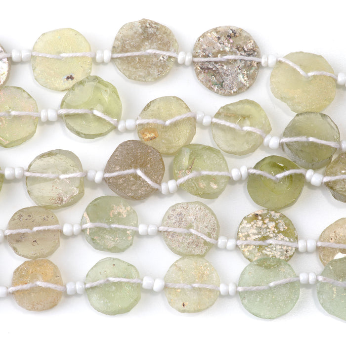 Roman Glass 10-20mm Light Green Graduated Center Drilled Coin with Pendant - 15-16 Inch