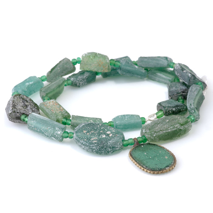 Roman Glass 6x10-14x24mm Free Form Rectangle with Coin Bezel Pendant - 15-16 Inch