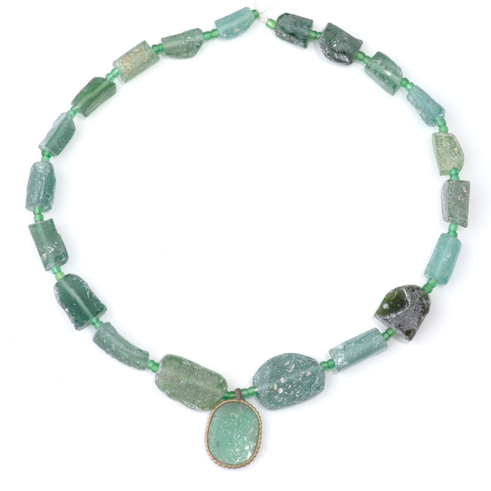 Roman Glass 6x10-14x24mm Free Form Rectangle with Coin Bezel Pendant - 15-16 Inch