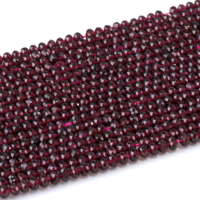 This is a Dakota Stones 3x4mm Red Garnet Gemstone strand with faceted rondelle beads in 15-16 inch strand.