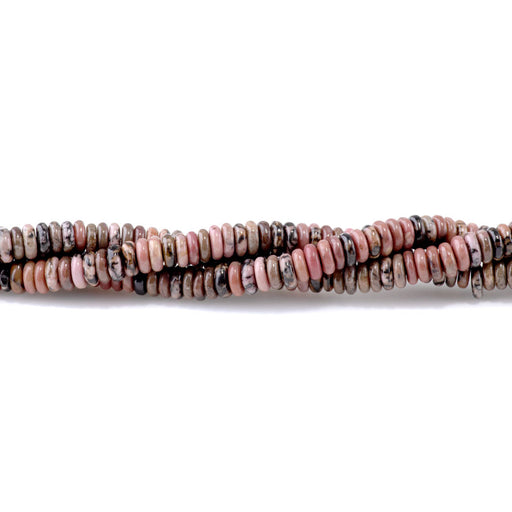 This is a Dakota Stones 2x6mm Rhodonite Thin Gemstone strand with rondelle beads in 15-16 inch strand.