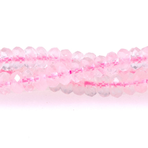 This is a Dakota Stones 2x4mm Rose Quartz Thin Gemstone strand with faceted rondelle beads in 15-16 inch strand.