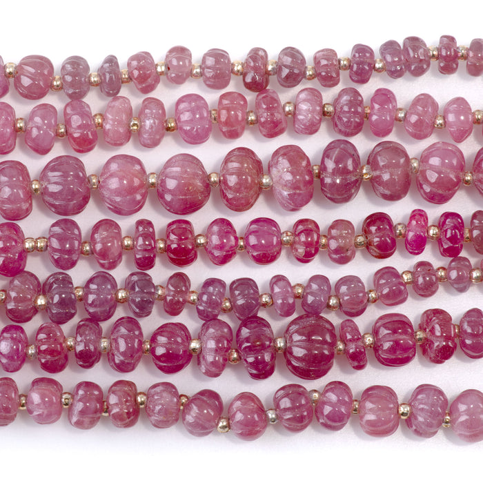 Ruby 2x5-7x9mm Carved Rondelle - 18 Inch