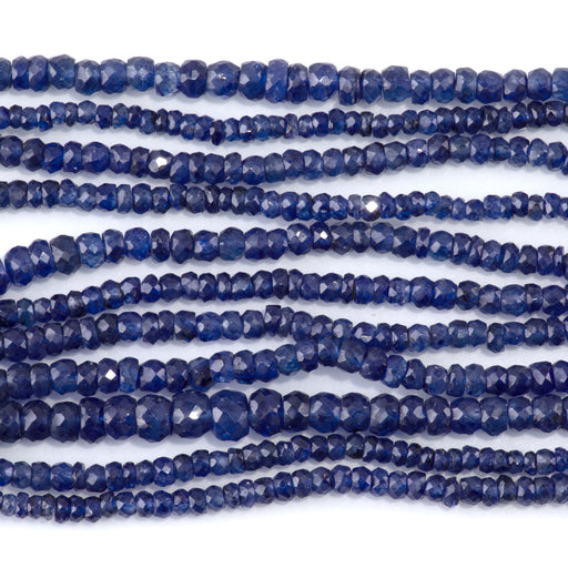 This is a Dakota Stones 2-6mm Sapphire Gemstone strand with faceted rondelle beads in 18 inch strand.