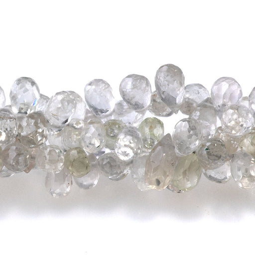 This is a Dakota Stones 3x4-5x4mm White Clear Sapphire Top Drill Gemstone strand with faceted drop beads in 15-16 inch strand.