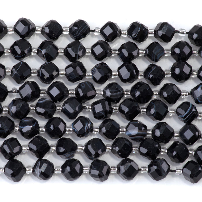 This is a Dakota Stones 6x8mm Black Sardonyx Corner Gemstone strand with table-cut cube beads in 15-16 inch strand.