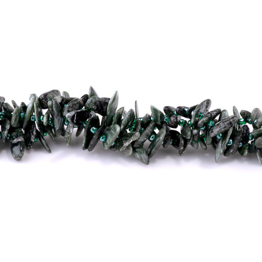 This is a Dakota Stones 5x10-20mm Seraphinite Top Drill Teeth Gemstone strand of round beads in 15-16 inch strand.