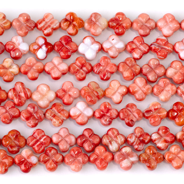Spiny Oyster 8-9mm Red Carved Clover Bead - 15-16 Inch