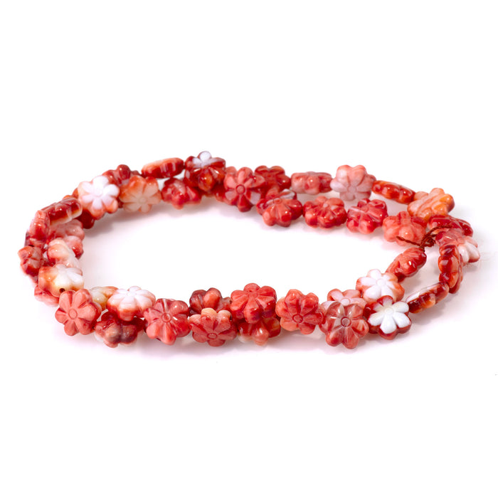 Spiny Oyster 9mm Red Carved Flower Bead - 15-16 Inch