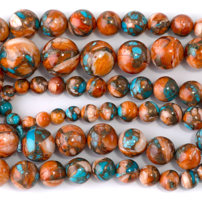 Spiny Oyster & Turquoise 6-16mm Graduated Round Bead - 15-16 Inch