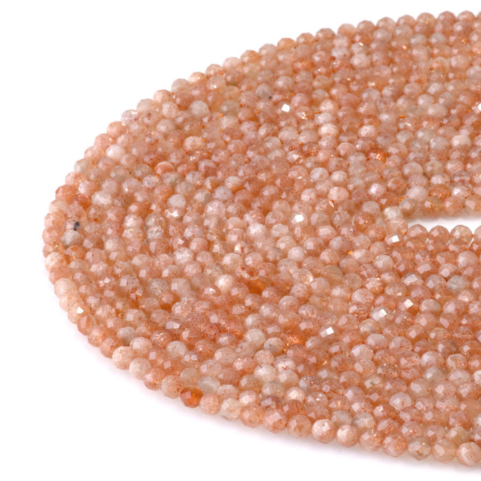 This is a Dakota Stones 4mm Sunstone Microfaceted Gemstone strand with A grade round beads in 15-16 inch strand.