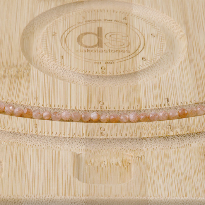 This is a Dakota Stones 4mm Sunstone Microfaceted Gemstone strand with A grade round beads in 15-16 inch strand.