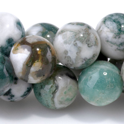 This is a Dakota Stones 10mm Tree Agate Gemstone strand with A grade round beads in 15-16 inch strand.