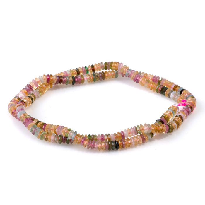This is a Dakota Stones 2x4mm Multi Tourmaline Gemstone strand with AAA grade faceted rondelle beads in 15-16 inch strand.