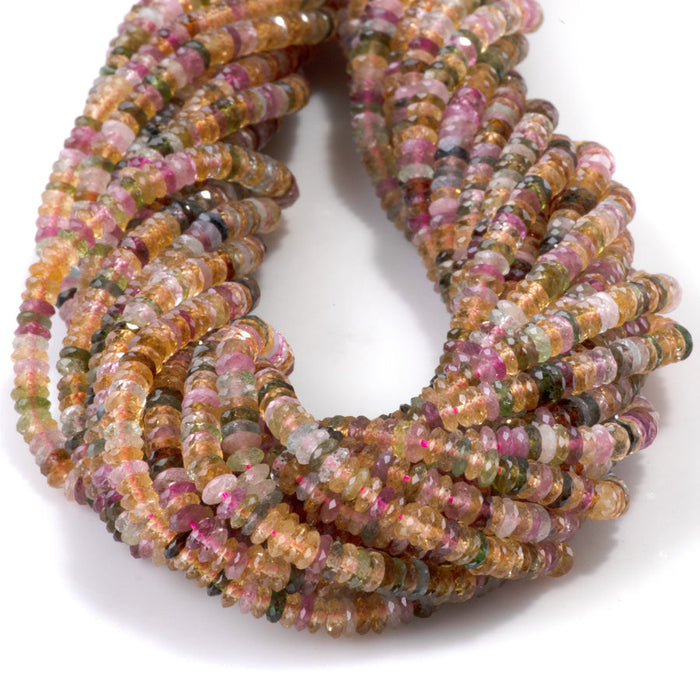 This is a Dakota Stones 2x4mm Multi Tourmaline Gemstone strand with AAA grade faceted rondelle beads in 15-16 inch strand.