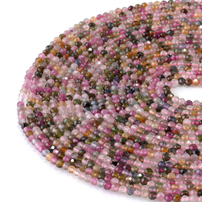 This is a Dakota Stones 3mm Multi Tourmaline Gemstone strand with AAA grade faceted round beads in 15-16 inch strand.
