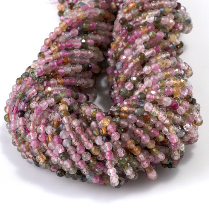 This is a Dakota Stones 3mm Multi Tourmaline Gemstone strand with AAA grade faceted round beads in 15-16 inch strand.