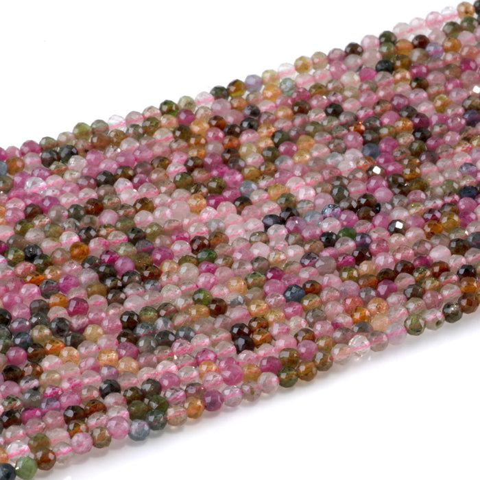 This is a Dakota Stones 3mm Multi Tourmaline Gemstone strand with AAA grade faceted round beads in 15-16 inch strand.