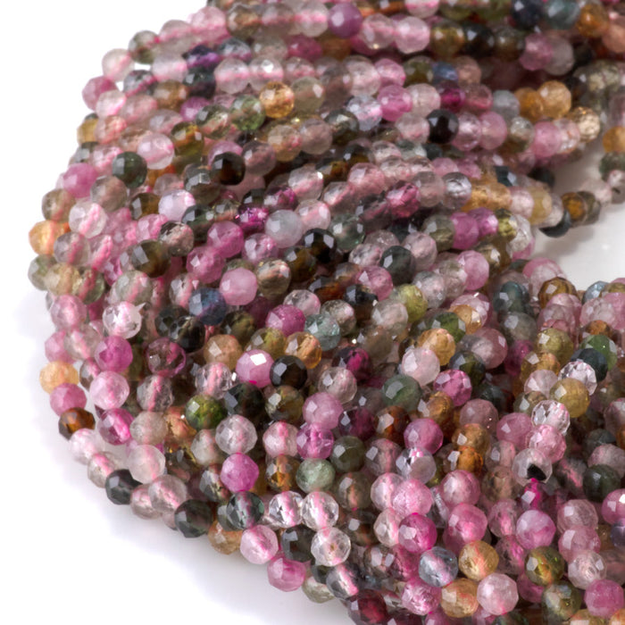 This is a Dakota Stones 3mm Multi Tourmaline Gemstone strand with AAA grade faceted round beads in 15-16 inch strand.
