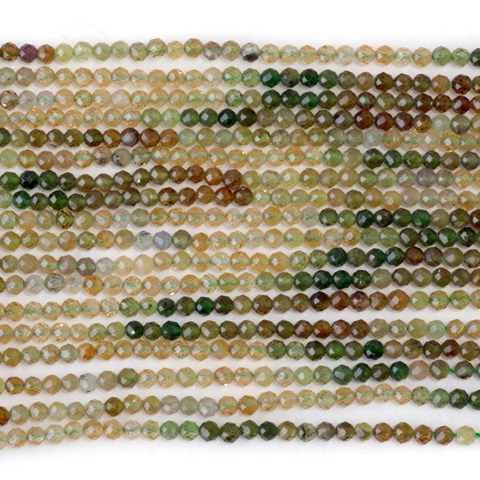 This is a Dakota Stones 3mm Yellow Green Banded Tourmaline Gemstone strand with faceted round beads in 15-16 inch strand.