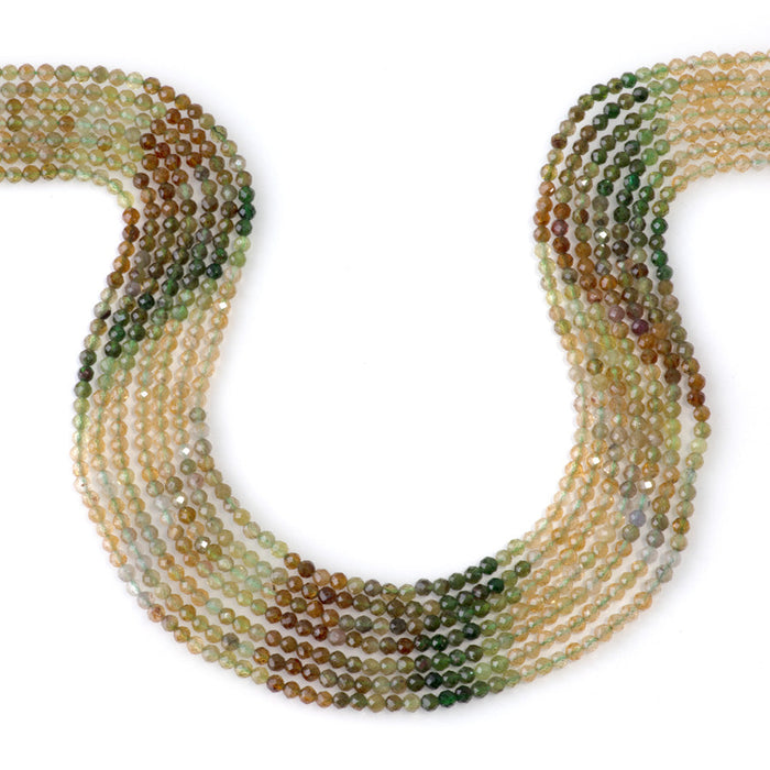 This is a Dakota Stones 3mm Yellow Green Banded Tourmaline Gemstone strand with faceted round beads in 15-16 inch strand.