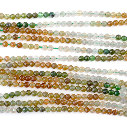 This is a Dakota Stones 3mm Tourmaline Yellow Green Banded Gemstone strand with faceted round beads in 15-16 inch strand.