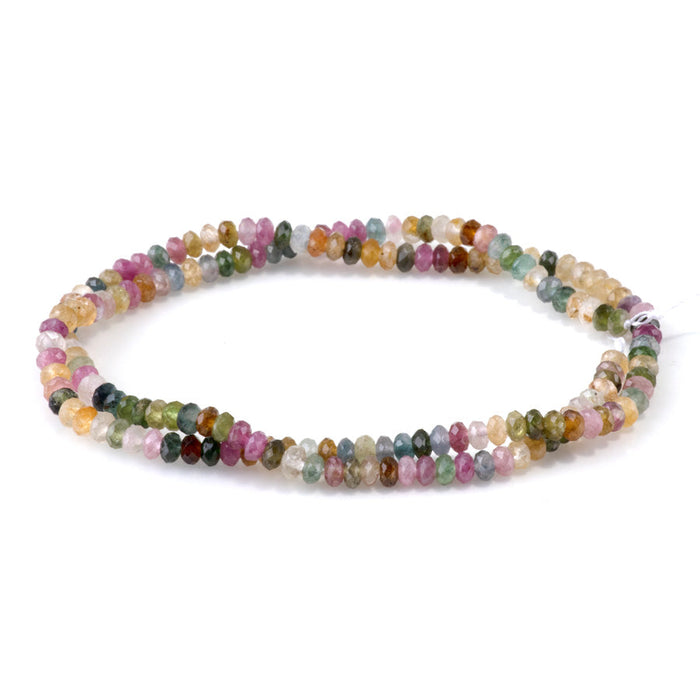 This is a Dakota Stones 3x4mm Multi Tourmaline Gemstone strand with AAA grade faceted rondelle beads in 15-16 inch strand.