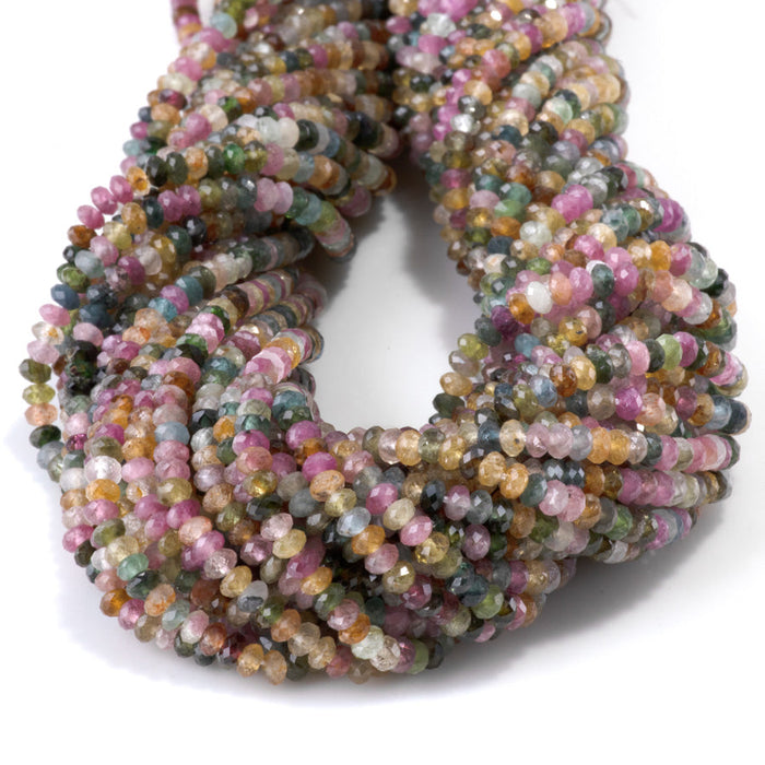 This is a Dakota Stones 3x4mm Multi Tourmaline Gemstone strand with AAA grade faceted rondelle beads in 15-16 inch strand.