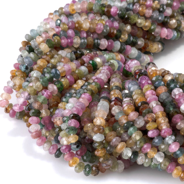 This is a Dakota Stones 3x4mm Multi Tourmaline Gemstone strand with AAA grade faceted rondelle beads in 15-16 inch strand.