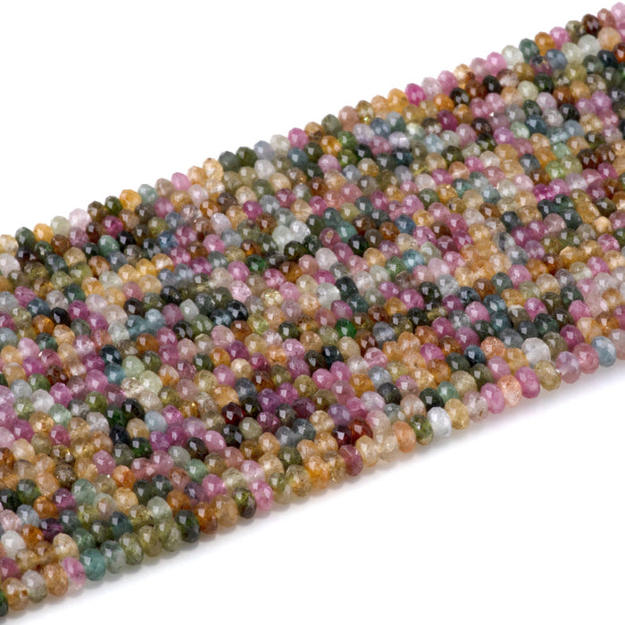 This is a Dakota Stones 3x4mm Multi Tourmaline Gemstone strand with AAA grade faceted rondelle beads in 15-16 inch strand.