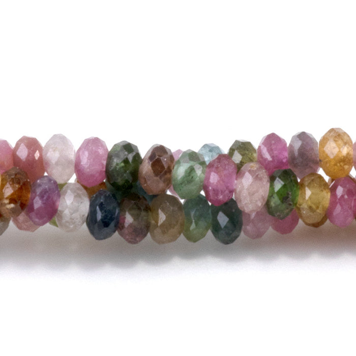 This is a Dakota Stones 3x4mm Multi Tourmaline Gemstone strand with AAA grade faceted rondelle beads in 15-16 inch strand.