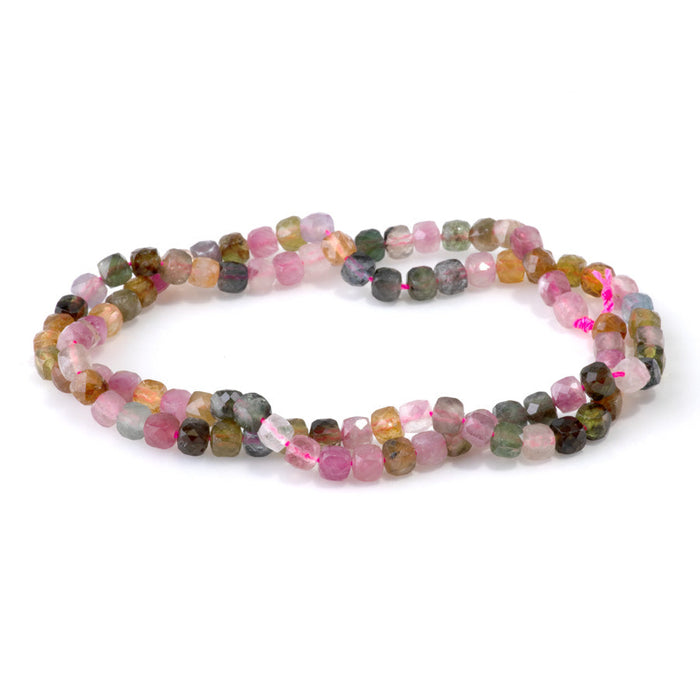 This is a Dakota Stones 4mm Multi Tourmaline Gemstone strand with AAA grade faceted cube beads in 15-16 inch strand.