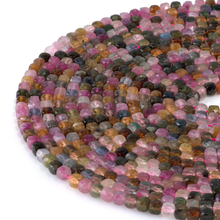 This is a Dakota Stones 4mm Multi Tourmaline Gemstone strand with AAA grade faceted cube beads in 15-16 inch strand.