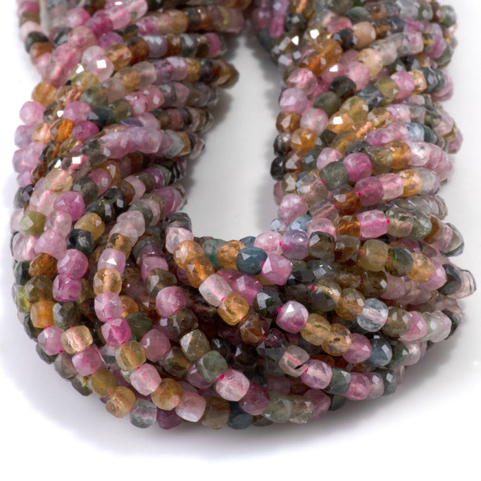 This is a Dakota Stones 4mm Multi Tourmaline Gemstone strand with AAA grade faceted cube beads in 15-16 inch strand.