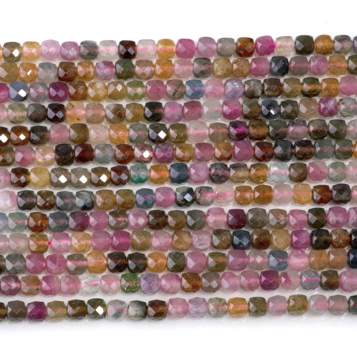 This is a Dakota Stones 4mm Multi Tourmaline Gemstone strand with AAA grade faceted cube beads in 15-16 inch strand.