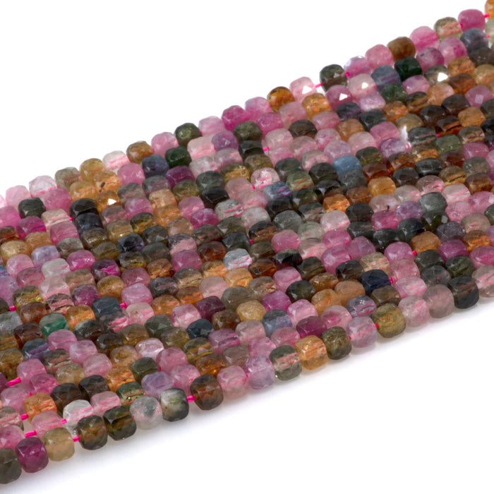 This is a Dakota Stones 4mm Multi Tourmaline Gemstone strand with AAA grade faceted cube beads in 15-16 inch strand.
