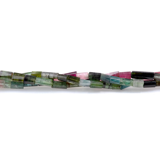 This is a Dakota Stones 4x4-8mm Tourmaline Banded Tube Gemstone strand with faceted beads in 15-16 inch strand.